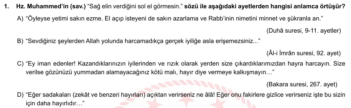 LGS Örnek Soruları Mayıs 2020 Sözel Din Kültürü ve Ahlak Bilgisi 1. Soru görseli