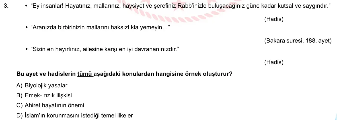 LGS Örnek Soruları Mayıs 2020 Sözel Din Kültürü ve Ahlak Bilgisi 3. Soru görseli