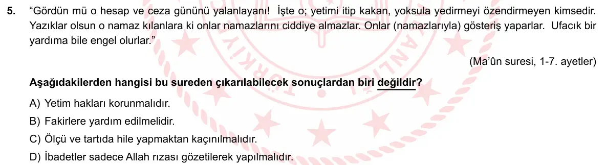 LGS Örnek Soruları Mayıs 2020 Sözel Din Kültürü ve Ahlak Bilgisi 5. Soru görseli