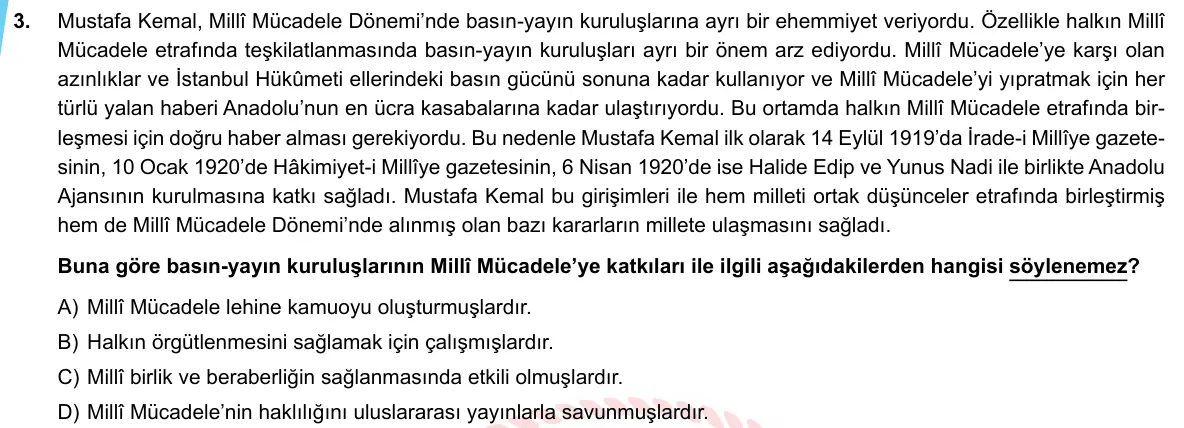 LGS Örnek Soruları Mayıs 2020 Sözel T.C. İnkılap Tarihi ve Atatürkçülük 3. Soru görseli