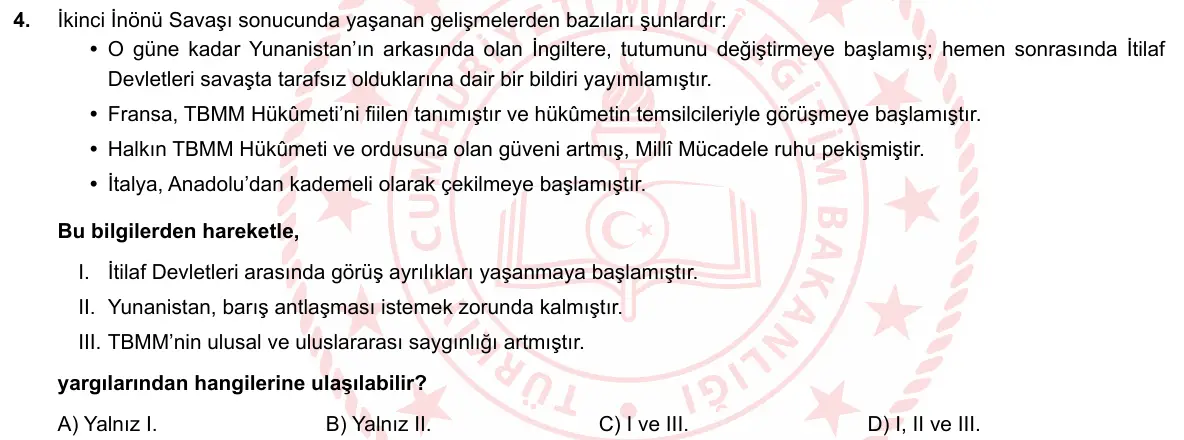 LGS Örnek Soruları Mayıs 2020 Sözel T.C. İnkılap Tarihi ve Atatürkçülük 4. Soru görseli