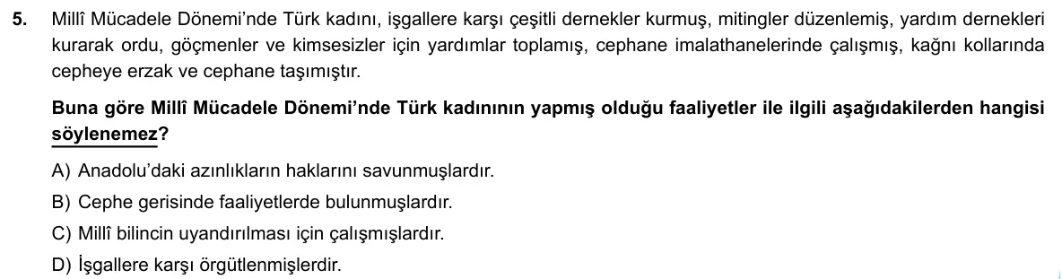LGS Örnek Soruları Mayıs 2020 Sözel T.C. İnkılap Tarihi ve Atatürkçülük 5. Soru görseli