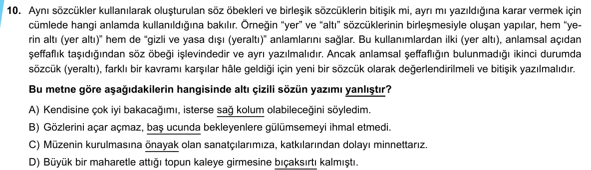LGS Örnek Soruları Mayıs 2020 Sözel Türkçe 10. Soru görseli
