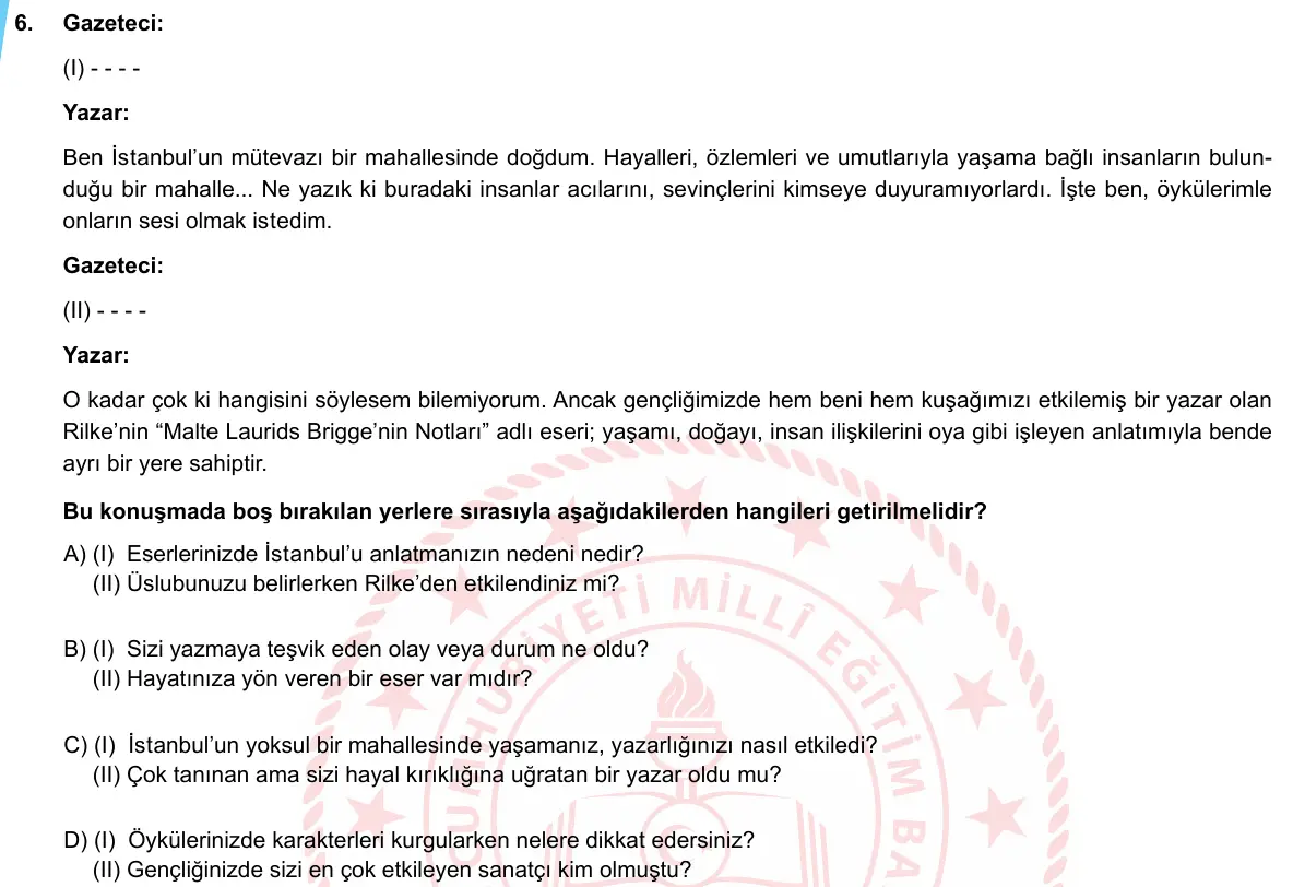 LGS Örnek Soruları Mayıs 2020 Sözel Türkçe 6. Soru görseli