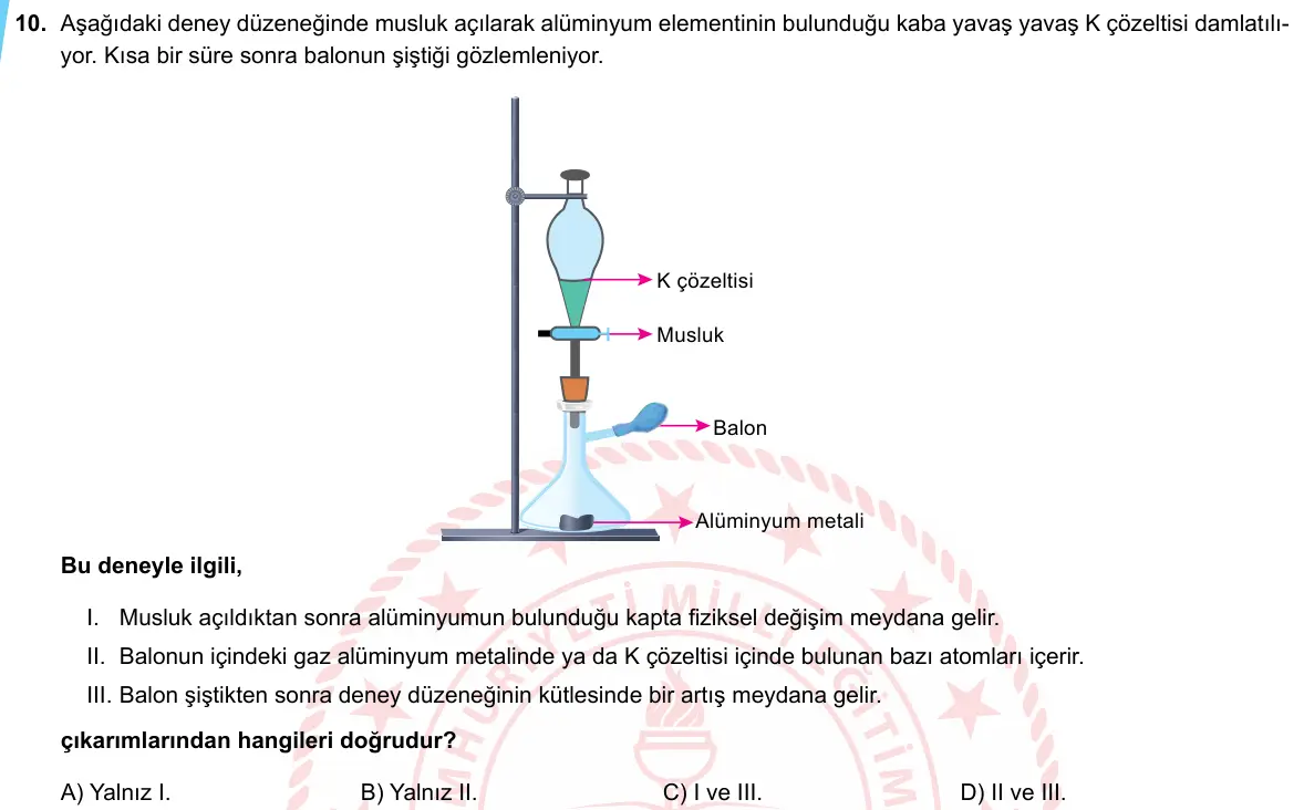 LGS Örnek Soruları Nisan 2020 Sayısal Fen Bilimleri 10. Soru görseli