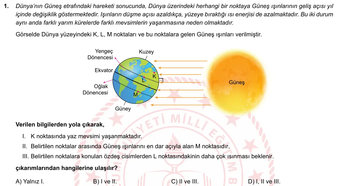 LGS Örnek Soruları Nisan 2020 Sayısal Fen Bilimleri 1. Soru görseli