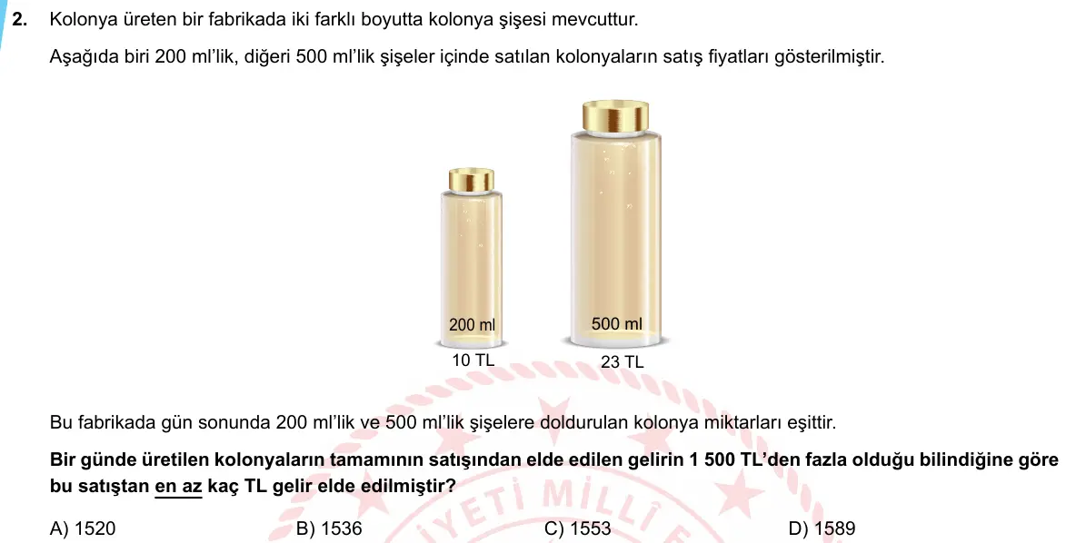 LGS Örnek Soruları Nisan 2020 Sayısal Matematik 2. Soru görseli
