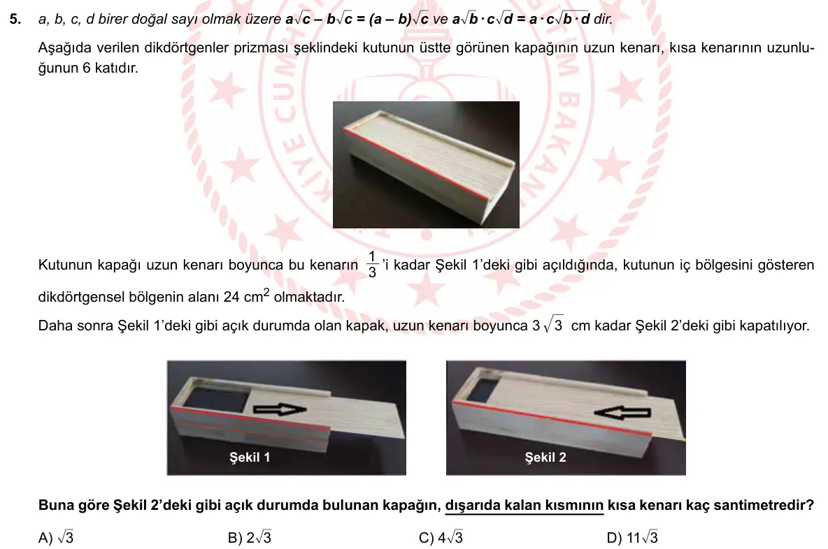 LGS Örnek Soruları Nisan 2020 Sayısal Matematik 5. Soru görseli