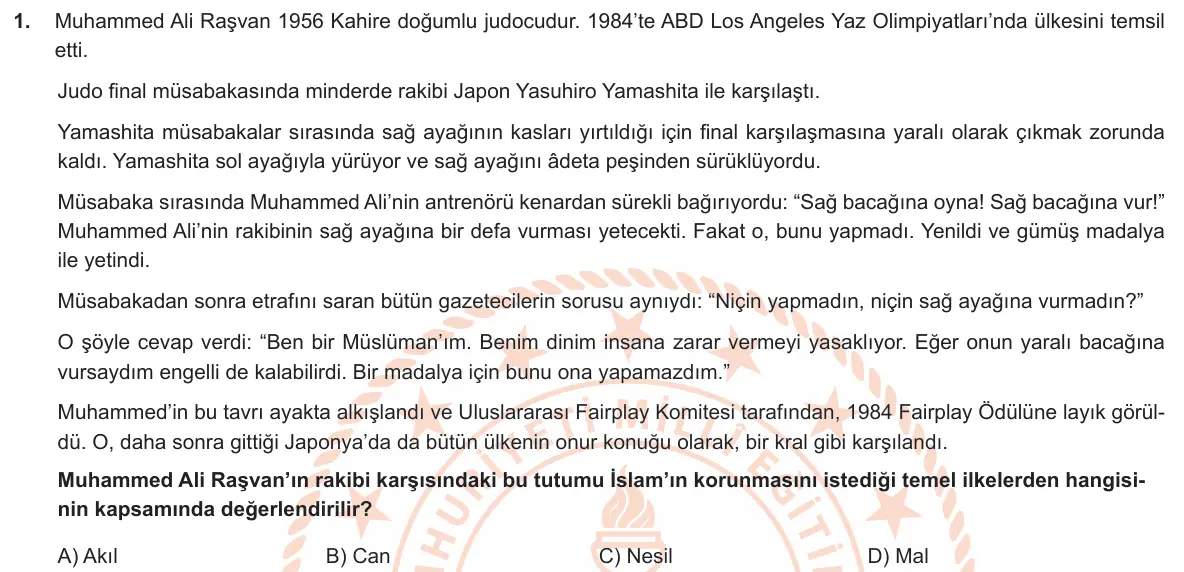 LGS Örnek Soruları Nisan 2020 Sözel (1. set) Din Kültürü ve Ahlak Bilgisi 1. Soru görseli