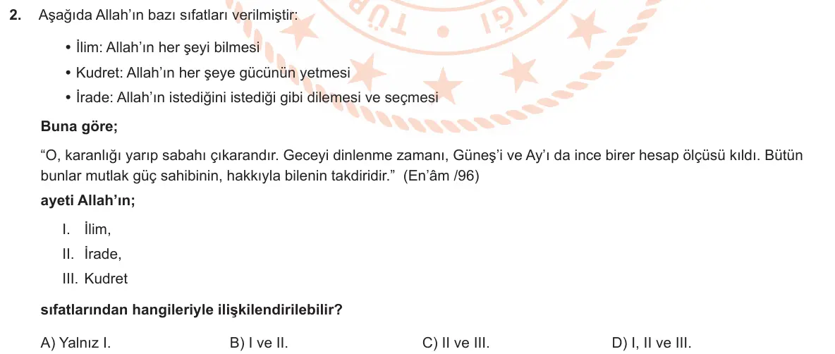 LGS Örnek Soruları Nisan 2020 Sözel (1. set) Din Kültürü ve Ahlak Bilgisi 2. Soru görseli
