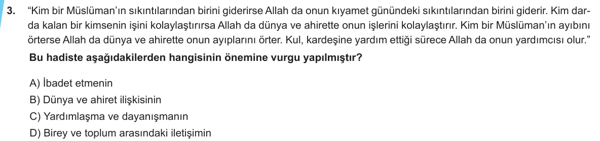 LGS Örnek Soruları Nisan 2020 Sözel (1. set) Din Kültürü ve Ahlak Bilgisi 3. Soru görseli
