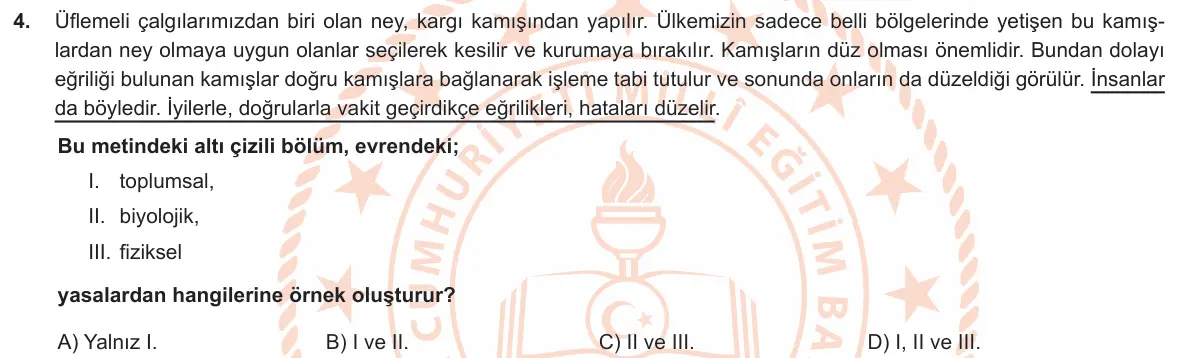 LGS Örnek Soruları Nisan 2020 Sözel (1. set) Din Kültürü ve Ahlak Bilgisi 4. Soru görseli