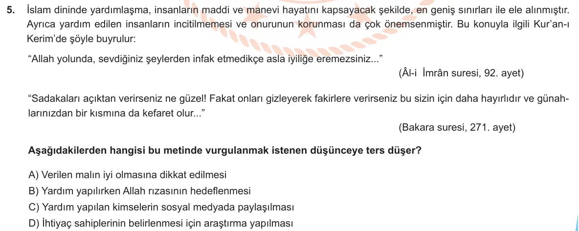 LGS Örnek Soruları Nisan 2020 Sözel (1. set) Din Kültürü ve Ahlak Bilgisi 5. Soru görseli