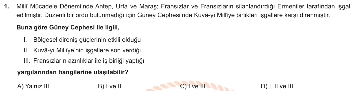 LGS Örnek Soruları Nisan 2020 Sözel (1. set) T.C. İnkılap Tarihi ve Atatürkçülük 1. Soru görseli