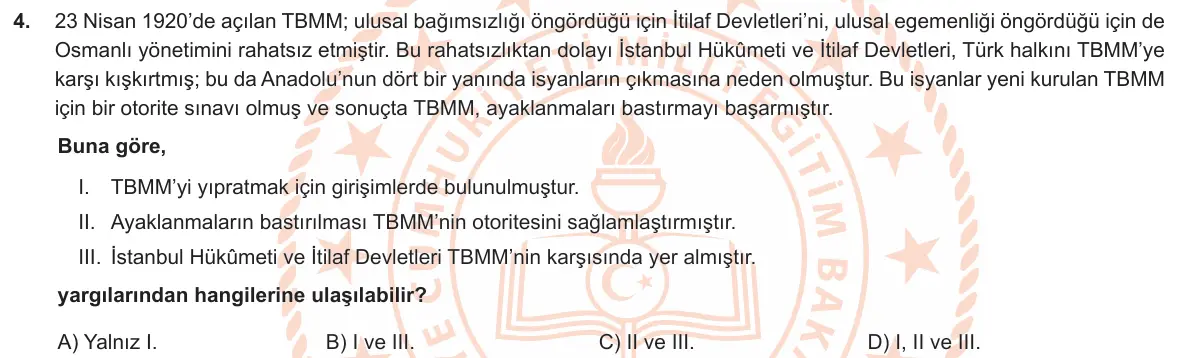 LGS Örnek Soruları Nisan 2020 Sözel (1. set) T.C. İnkılap Tarihi ve Atatürkçülük 4. Soru görseli