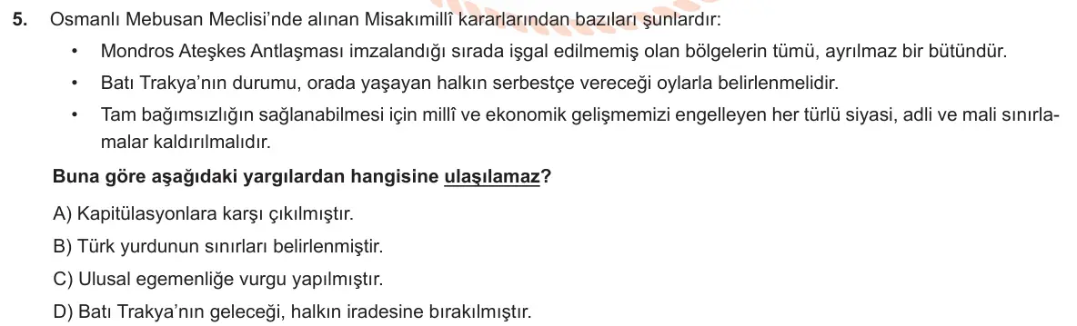 LGS Örnek Soruları Nisan 2020 Sözel (1. set) T.C. İnkılap Tarihi ve Atatürkçülük 5. Soru görseli