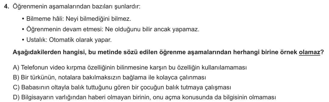 LGS Örnek Soruları Nisan 2020 Sözel (1. set) Türkçe 4. Soru görseli