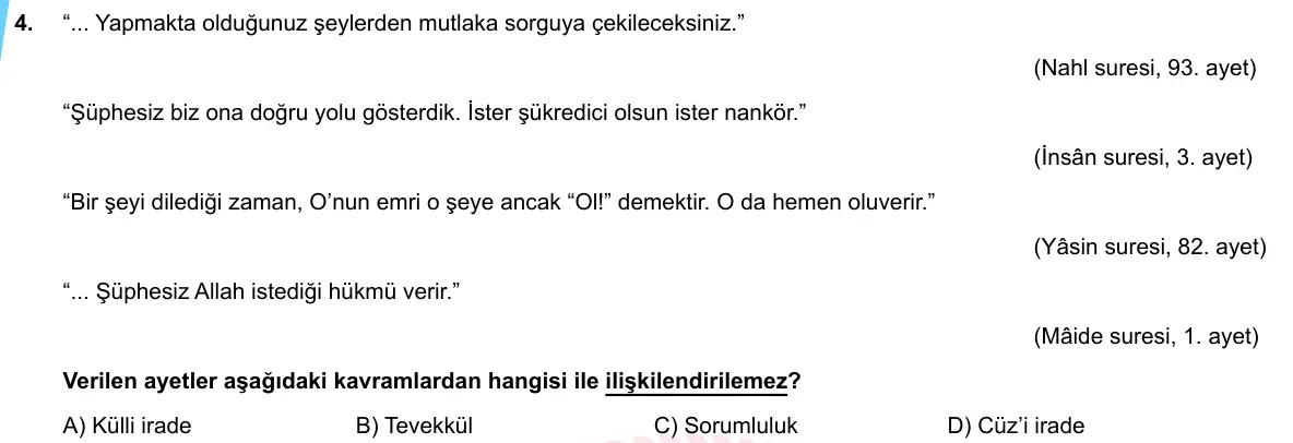 LGS Örnek Soruları Nisan 2020 Sözel Din Kültürü ve Ahlak Bilgisi 4. Soru görseli
