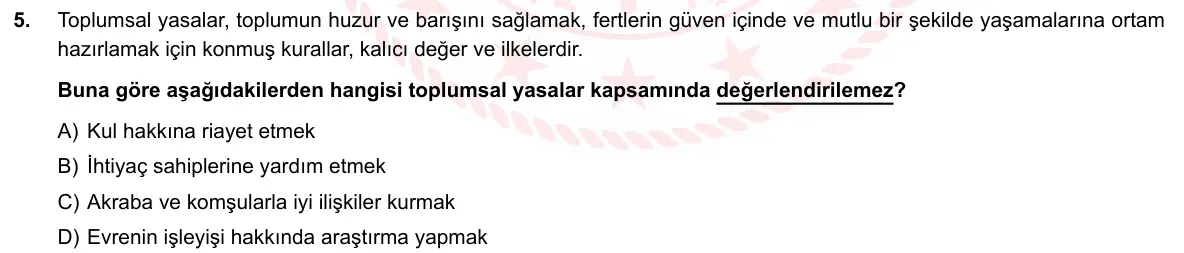 LGS Örnek Soruları Nisan 2020 Sözel Din Kültürü ve Ahlak Bilgisi 5. Soru görseli