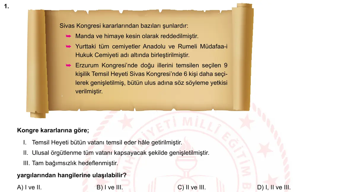 LGS Örnek Soruları Nisan 2020 Sözel T.C. İnkılap Tarihi ve Atatürkçülük 1. Soru görseli