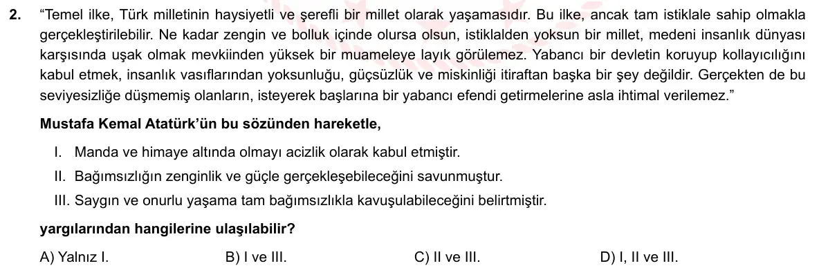 LGS Örnek Soruları Nisan 2020 Sözel T.C. İnkılap Tarihi ve Atatürkçülük 2. Soru görseli