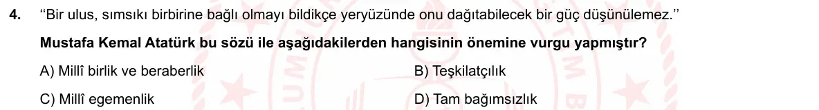 LGS Örnek Soruları Nisan 2020 Sözel T.C. İnkılap Tarihi ve Atatürkçülük 4. Soru görseli