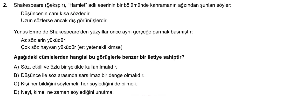 LGS Örnek Soruları Nisan 2020 Sözel Türkçe 2. Soru görseli