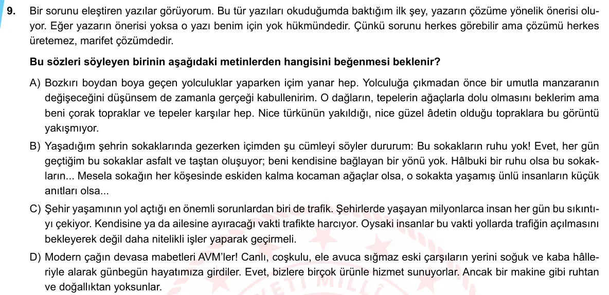 LGS Örnek Soruları Nisan 2020 Sözel Türkçe 9. Soru görseli