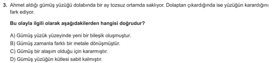 LGS Örnek Soruları Ocak 2020 Sayısal Fen Bilimleri 3. Soru görseli