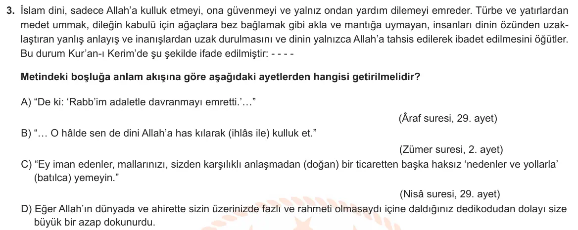 LGS Örnek Soruları Ocak 2020 Sözel Din Kültürü ve Ahlak Bilgisi 3. Soru görseli