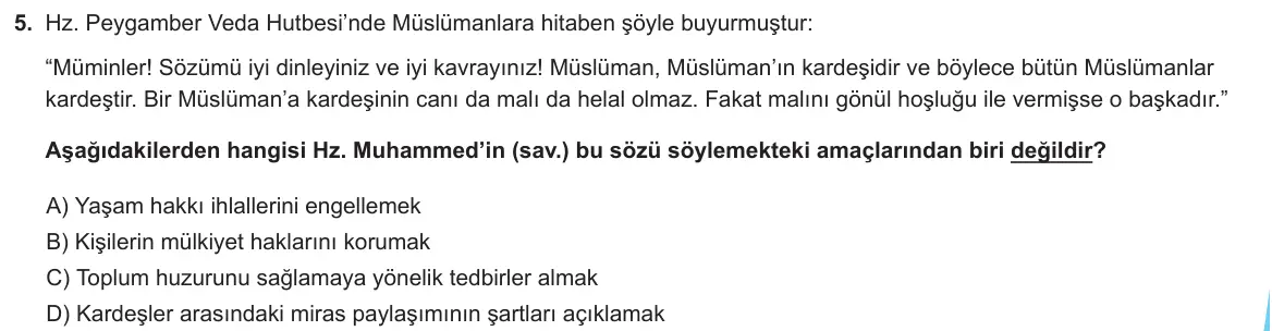 LGS Örnek Soruları Ocak 2020 Sözel Din Kültürü ve Ahlak Bilgisi 5. Soru görseli