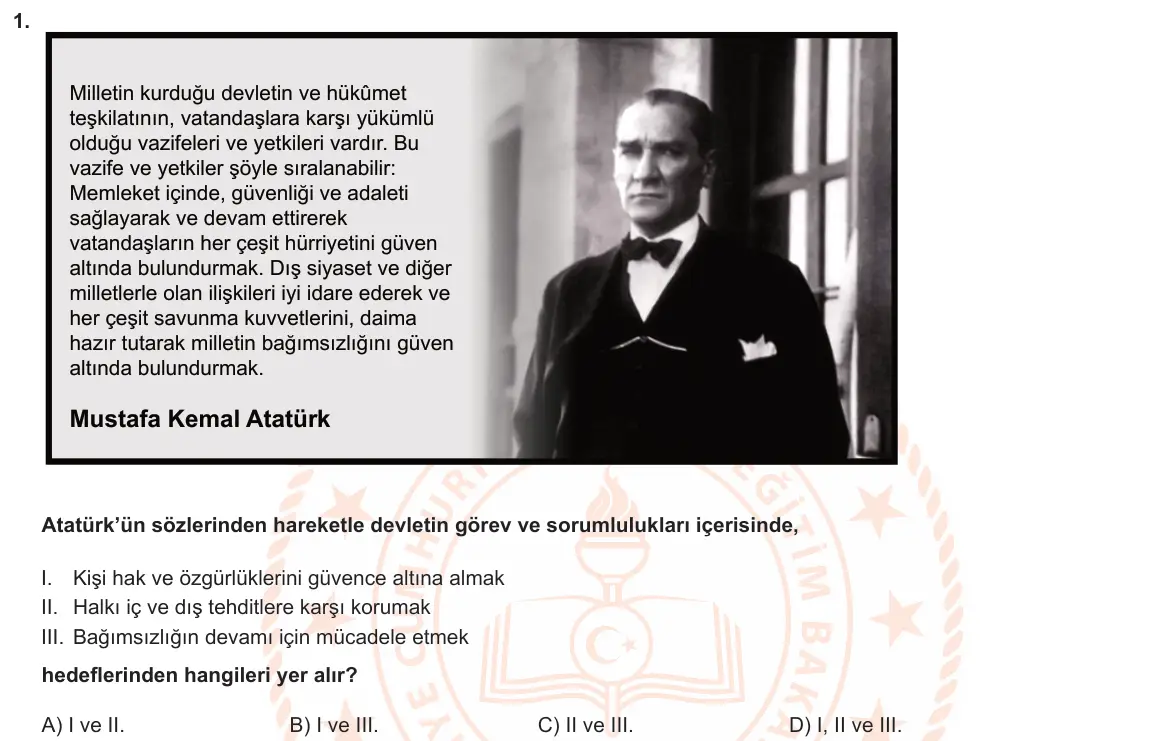 LGS Örnek Soruları Ocak 2020 Sözel T.C. İnkılap Tarihi ve Atatürkçülük 1. Soru görseli