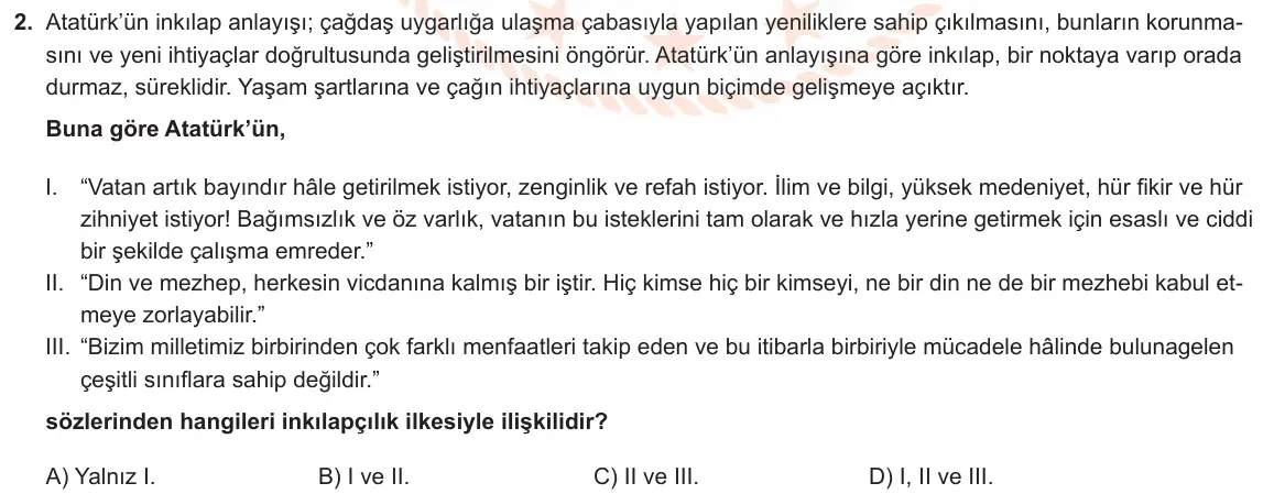 LGS Örnek Soruları Ocak 2020 Sözel T.C. İnkılap Tarihi ve Atatürkçülük 2. Soru görseli