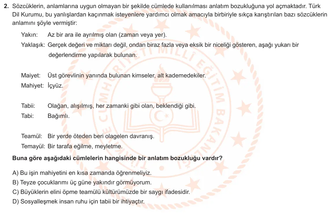LGS Örnek Soruları Ocak 2020 Sözel Türkçe 2. Soru görseli