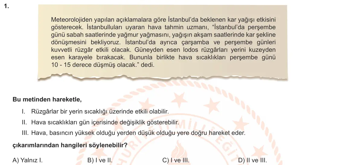 LGS Örnek Soruları Şubat 2020 Sayısal Fen Bilimleri 1. Soru görseli