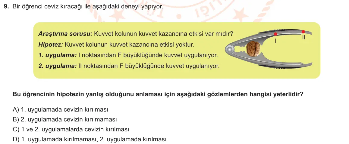 LGS Örnek Soruları Şubat 2020 Sayısal Fen Bilimleri 9. Soru görseli