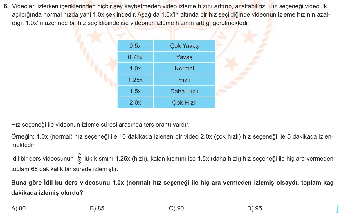 LGS Örnek Soruları Şubat 2020 Sayısal Matematik 6. Soru görseli