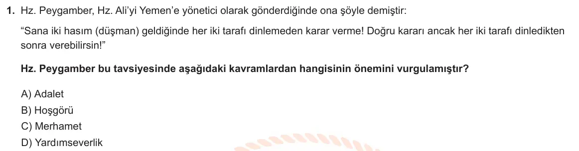 LGS Örnek Soruları Şubat 2020 Sözel Din Kültürü ve Ahlak Bilgisi 1. Soru görseli