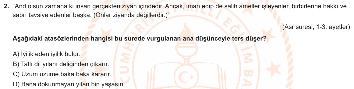 LGS Örnek Soruları Şubat 2020 Sözel Din Kültürü ve Ahlak Bilgisi 2. Soru görseli