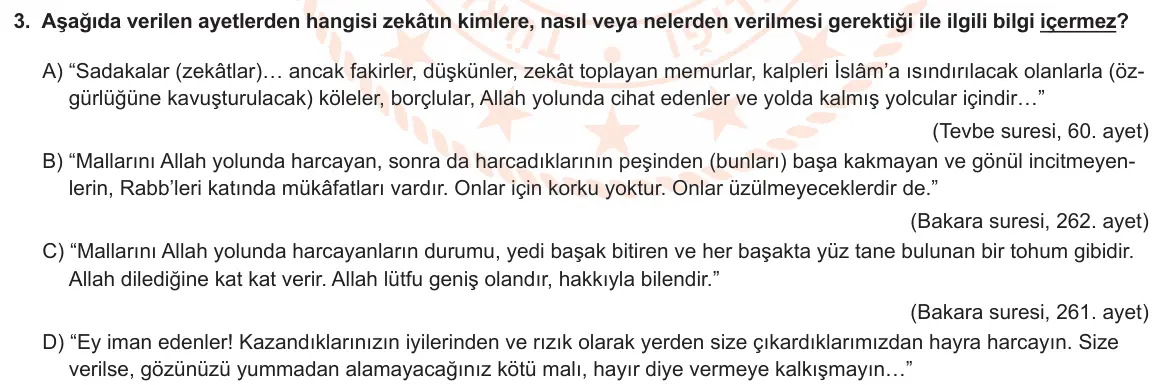 LGS Örnek Soruları Şubat 2020 Sözel Din Kültürü ve Ahlak Bilgisi 3. Soru görseli