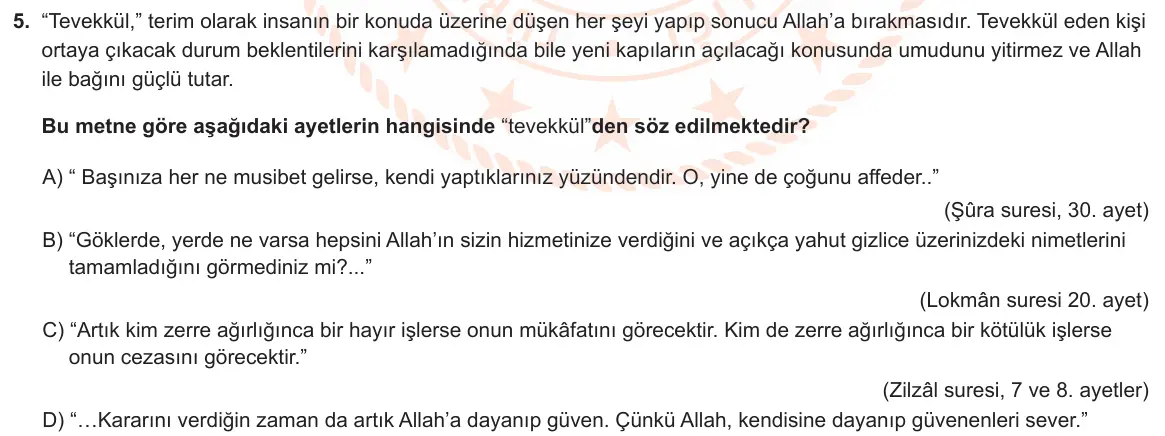 LGS Örnek Soruları Şubat 2020 Sözel Din Kültürü ve Ahlak Bilgisi 5. Soru görseli