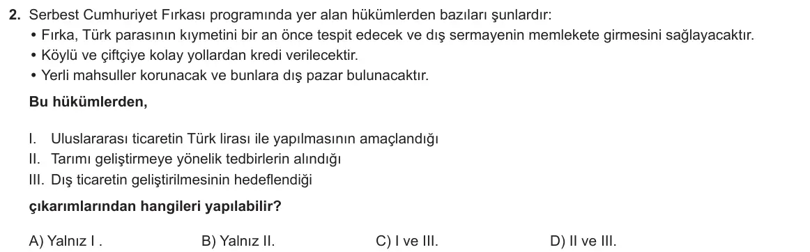 LGS Örnek Soruları Şubat 2020 Sözel T.C. İnkılap Tarihi ve Atatürkçülük 2. Soru görseli