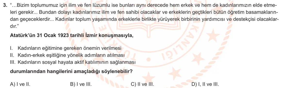 LGS Örnek Soruları Şubat 2020 Sözel T.C. İnkılap Tarihi ve Atatürkçülük 3. Soru görseli