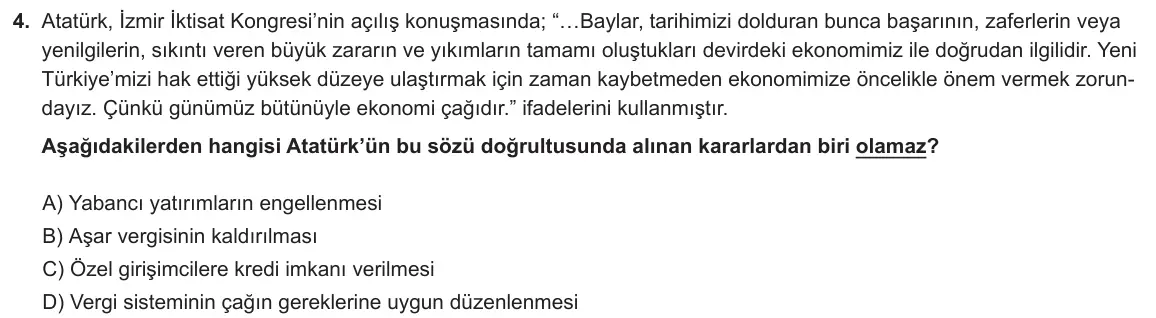 LGS Örnek Soruları Şubat 2020 Sözel T.C. İnkılap Tarihi ve Atatürkçülük 4. Soru görseli