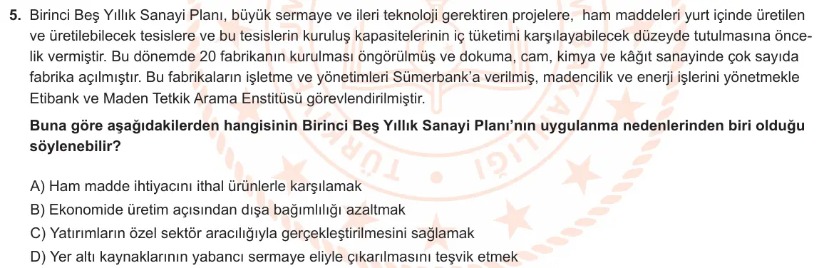 LGS Örnek Soruları Şubat 2020 Sözel T.C. İnkılap Tarihi ve Atatürkçülük 5. Soru görseli