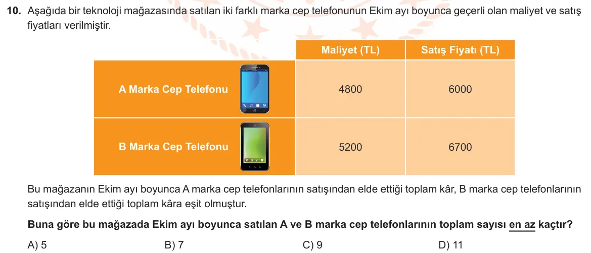 LGS Örnek Soruları Aralık 2020 Sayısal Matematik 10. Soru görseli