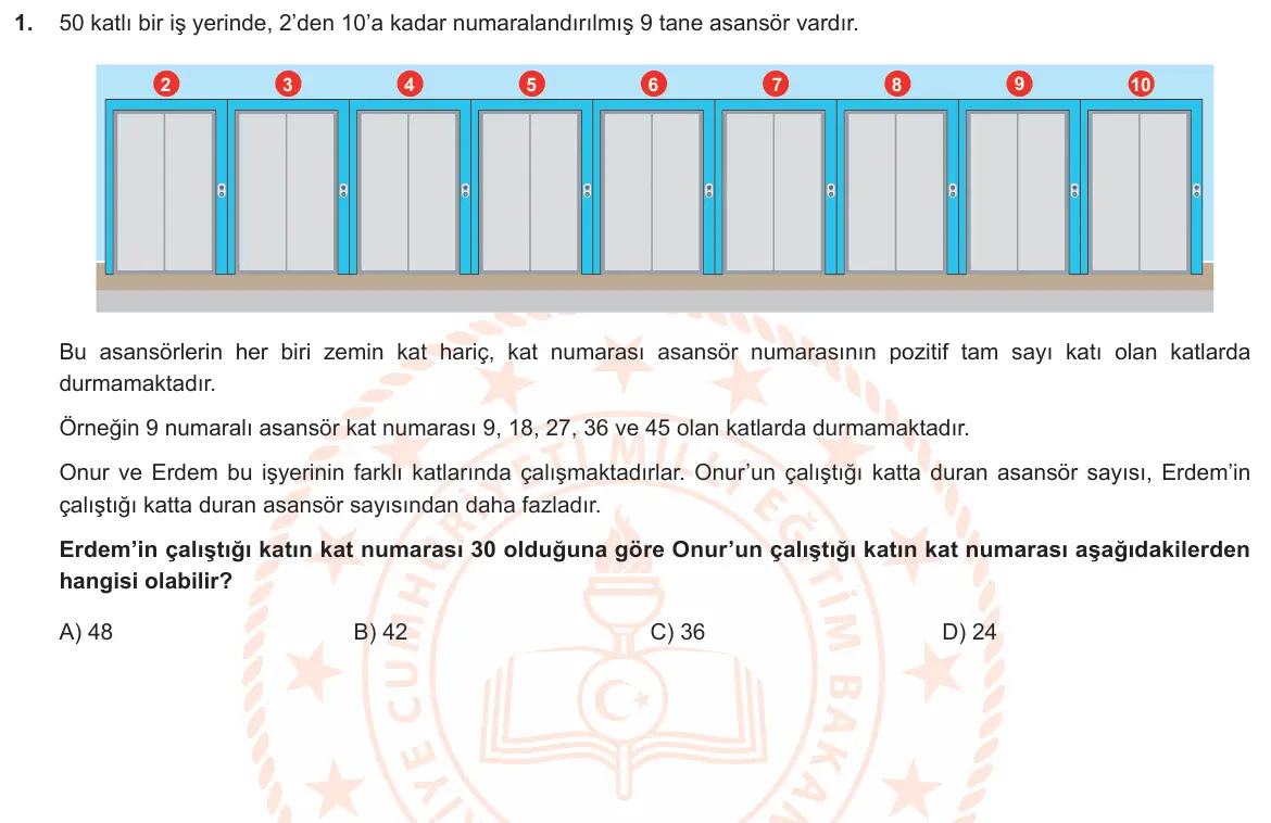 LGS Örnek Soruları Aralık 2020 Sayısal Matematik 1. Soru görseli