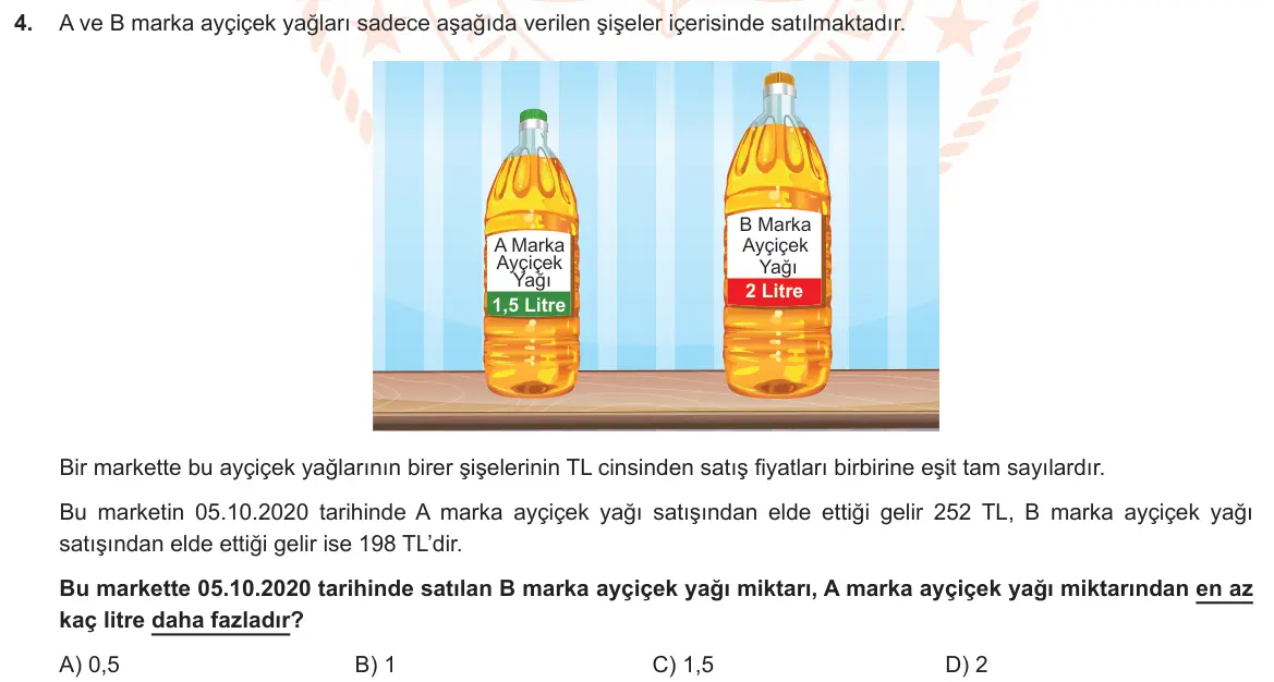 LGS Örnek Soruları Aralık 2020 Sayısal Matematik 4. Soru görseli