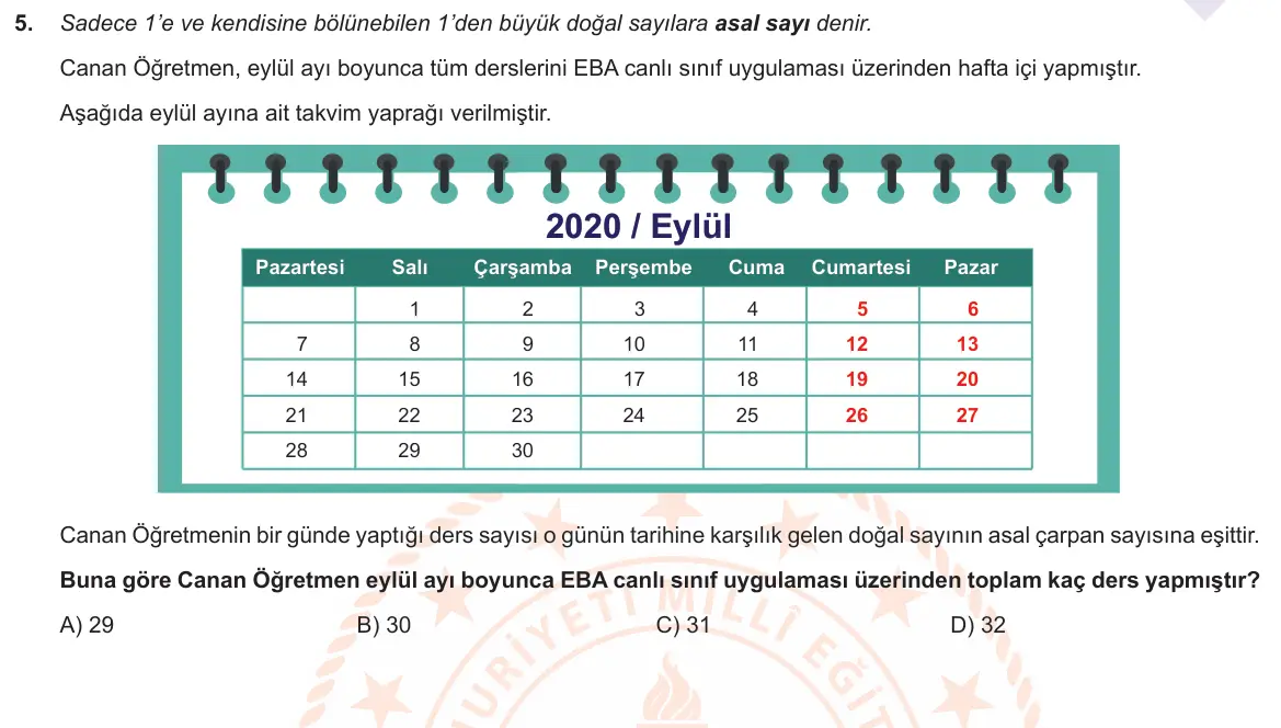 LGS Örnek Soruları Aralık 2020 Sayısal Matematik 5. Soru görseli