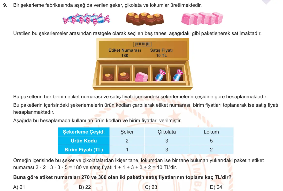 LGS Örnek Soruları Aralık 2020 Sayısal Matematik 9. Soru görseli